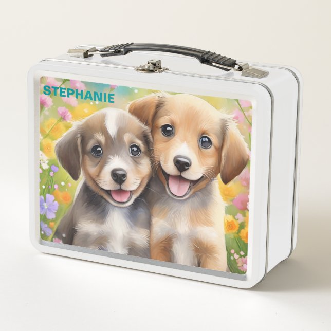 Puppies Cute Dogs in a Meadow Personalised Name    Metal Lunch Box (Front)
