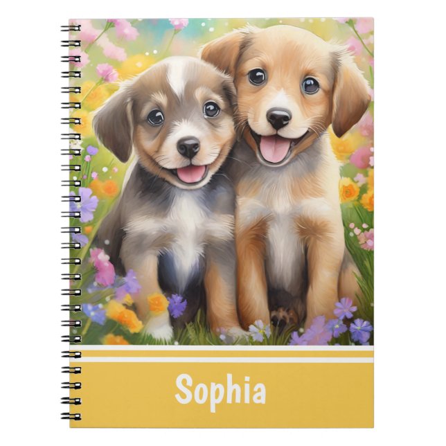 Puppies Cute Dogs in the Flower Meadow Notebook (Front)