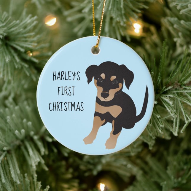 Puppies First Christmas Cute Dog Black And Brown Ceramic Ornament (Tree)