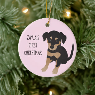 Puppies First Christmas Cute Dog Black And Brown Ceramic Ornament