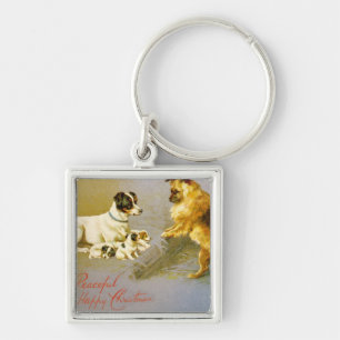 Puppies in the Straw, Victorian postcard Key Ring