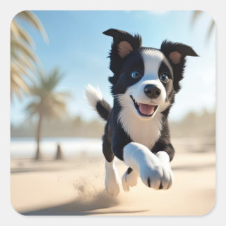 Puppies playing on the beach square sticker