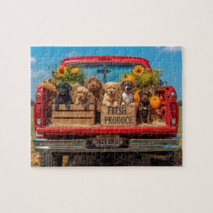 Puppies Red Truck Sunflowers Fall Harvest Jigsaw Puzzle