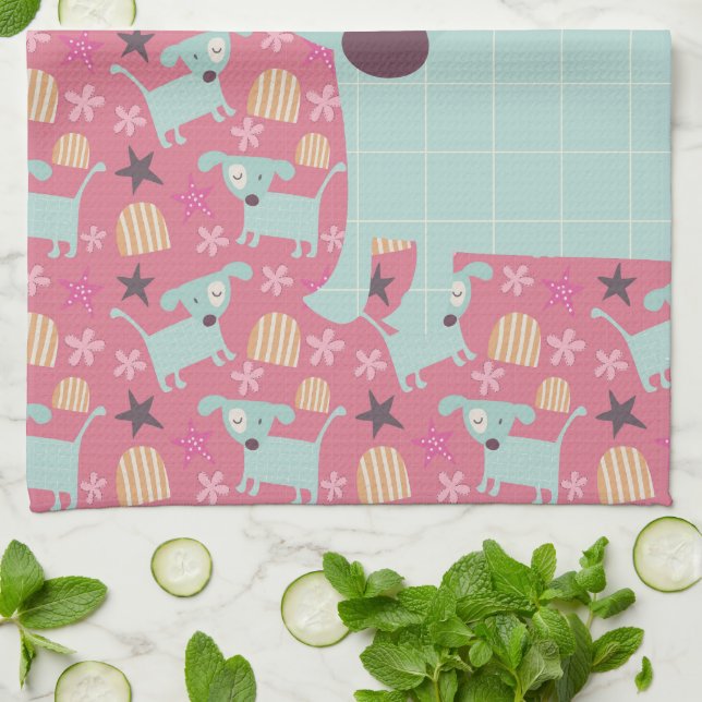 Puppies, Stars, and Flowers Tea Towel (Folded)