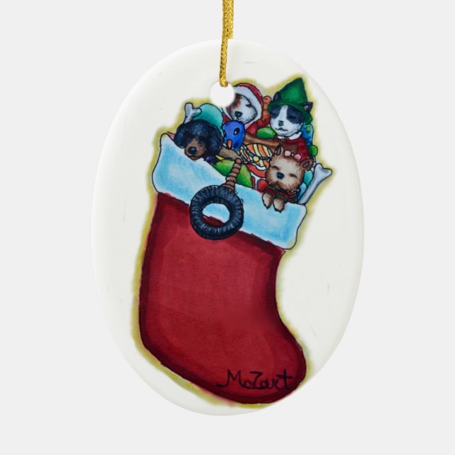 Puppies' Stocking Christmas Ornament (Front)