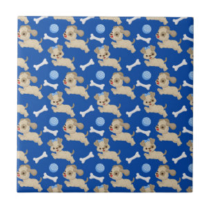 Puppies White Dog Bones Blue Ball Animal Lover Ceramic Tile