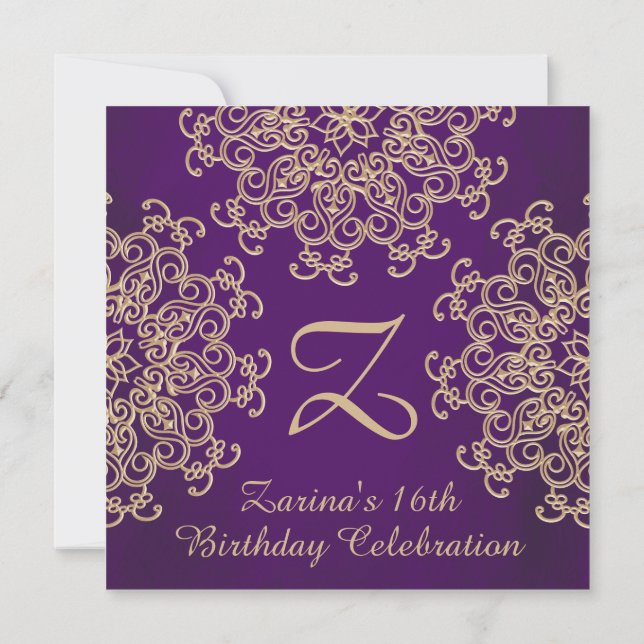 PUPPLE AND GOLD INDIAN INSPIRED BIRTHDAY INVITATION (Back)