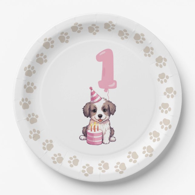 Puppy 1st Birthday Party Paper Plates (Front)