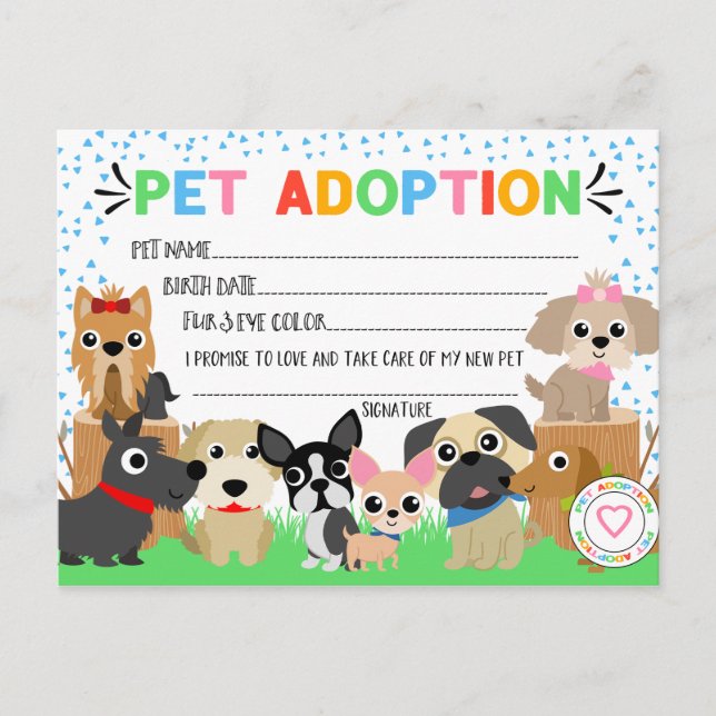 Puppy Adoption Certificate for a Pet Adoption Invitation Postcard (Front)