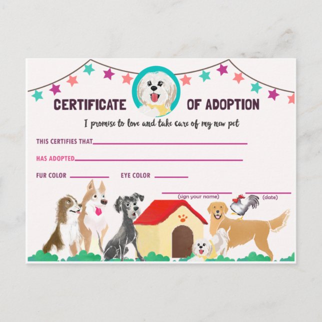 Puppy Adoption Certificate for a Pet Invitation Po (Front)