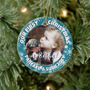 Puppy and Baby's 1st Christmas Photo Blue Snow Ceramic Ornament