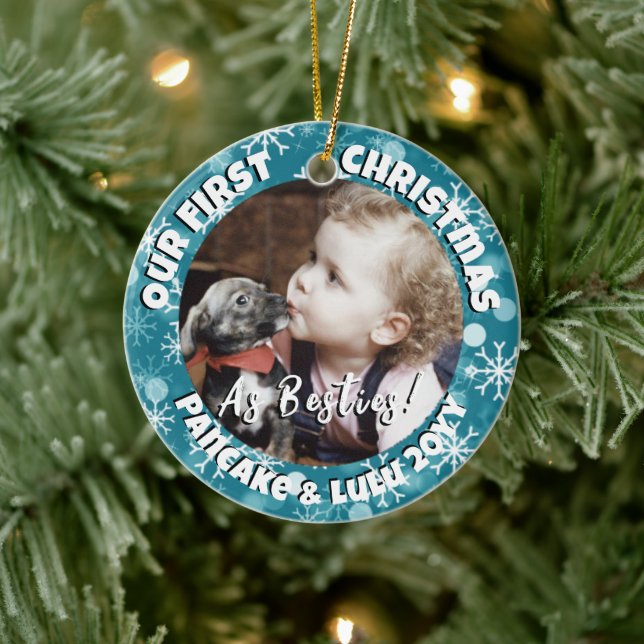 Puppy and Baby's 1st Christmas Photo Blue Snow Ceramic Ornament (Tree)