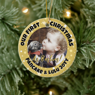Puppy and Baby's 1st Christmas Photo Gold Border Ceramic Ornament