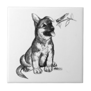 Puppy and Grasshopper Ceramic Tile
