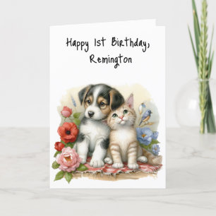 Puppy and Kitten Baby First Birthday Greeting Card