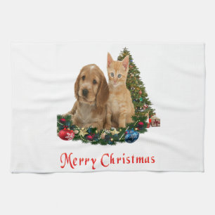 Puppy and kitten Christmas kitchen towel