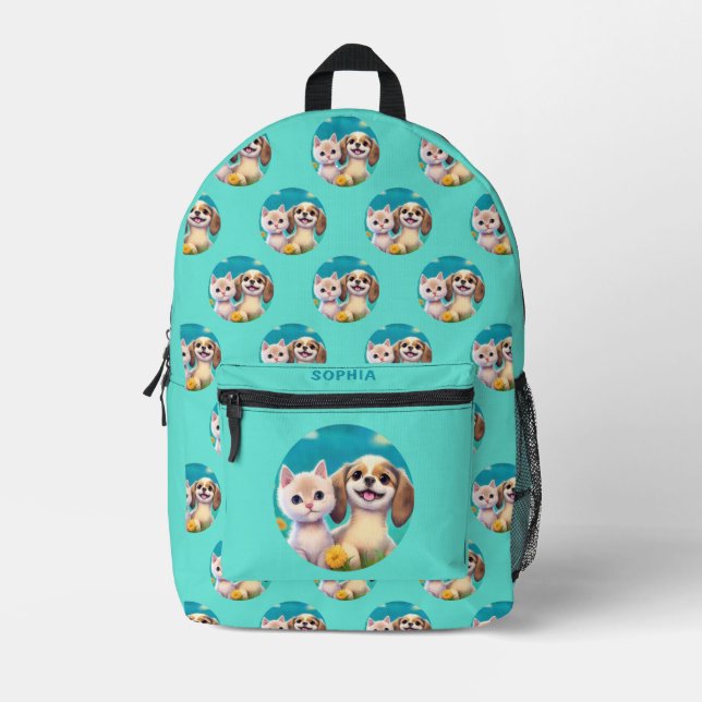 Puppy and Kitten Cute Kids Personalised Name Printed Backpack (Front)