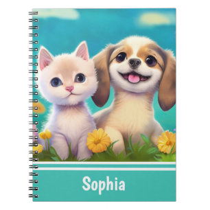 Puppy and Kitten Cute Personalised Kids Name Notebook