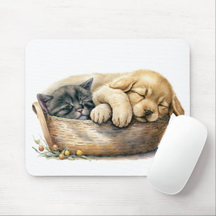 Puppy And Kitten In Basket Mouse Pad