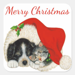 Puppy and Kitten Merry Christmas Sticker