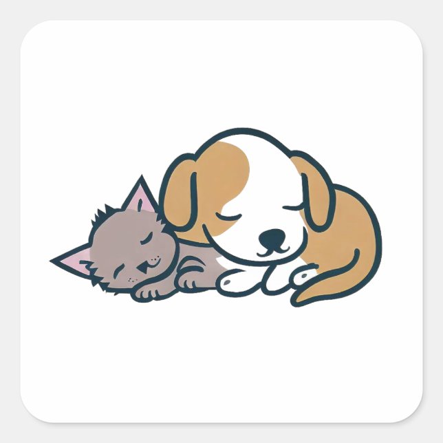 Puppy and Kitten Sleeping Together Square Sticker (Front)
