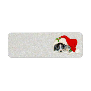Puppy and Kitten Sleeping Under Santa's Hat Return Address Label