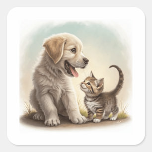 Puppy And Kitten Square Sticker