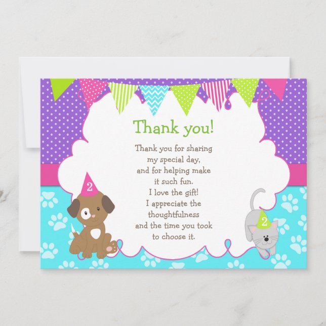 Puppy and Kitten Thank You Card Purple Green (Front)