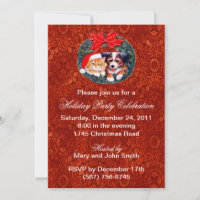 Puppy And Kitten Wreath Holiday Party Invitations