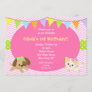 Puppy and Kitty Cat Dog Birthday Invitations
