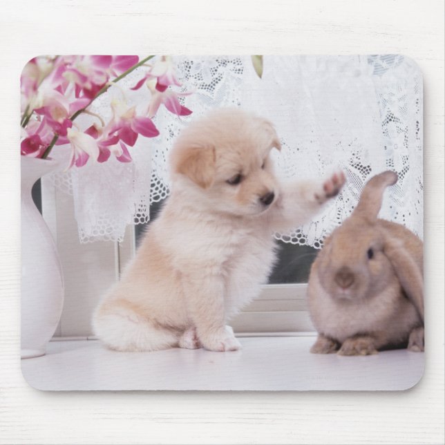 Puppy and Lop Ear Rabbit Mouse Pad (Front)