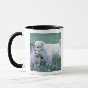 Puppy and Lop Ear Rabbit on lawn Mug