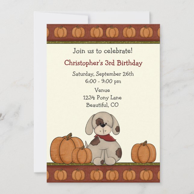 Puppy and Pumpkins Autumn Birthday Invitation (Front)