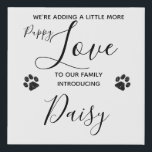 Puppy Announcement - Elegant Modern White New Pet Faux Canvas Print<br><div class="desc">We're adding a little more puppy Love to our family ! Introduce your new little pup or rescue with this modern elegant white design with black glitter paw prints puppy announcement canvas . Personalise with your new pets name, and take a family photo to share with family, friends and of...</div>