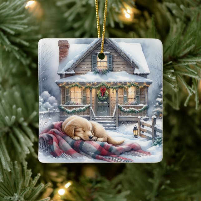 Puppy Asleep on Festive Front Porch Christmas Ceramic Ornament (Tree)
