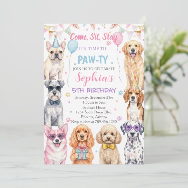 Puppy Birthday Invitation Dog Party Pawty Girl (Standing Front)