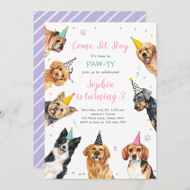 Puppy Birthday Invitation Dog Party Pawty Girl (Front/Back)