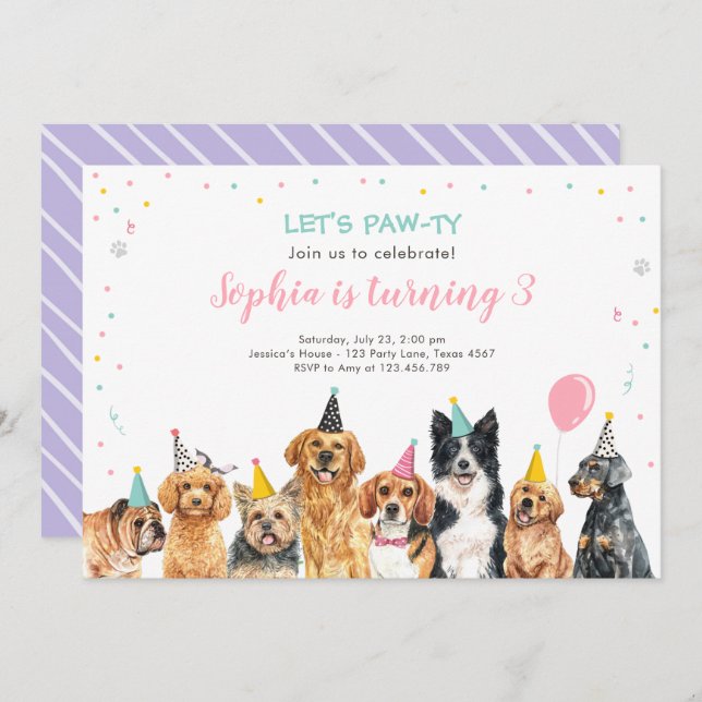 Puppy Birthday Invitation Dog Party Pawty Girl (Front/Back)