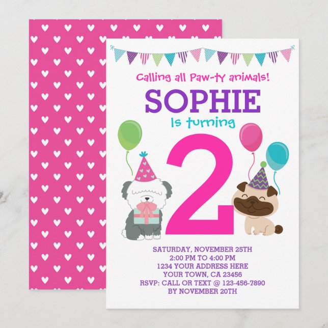 Puppy Birthday Invitation for girls (Front/Back)