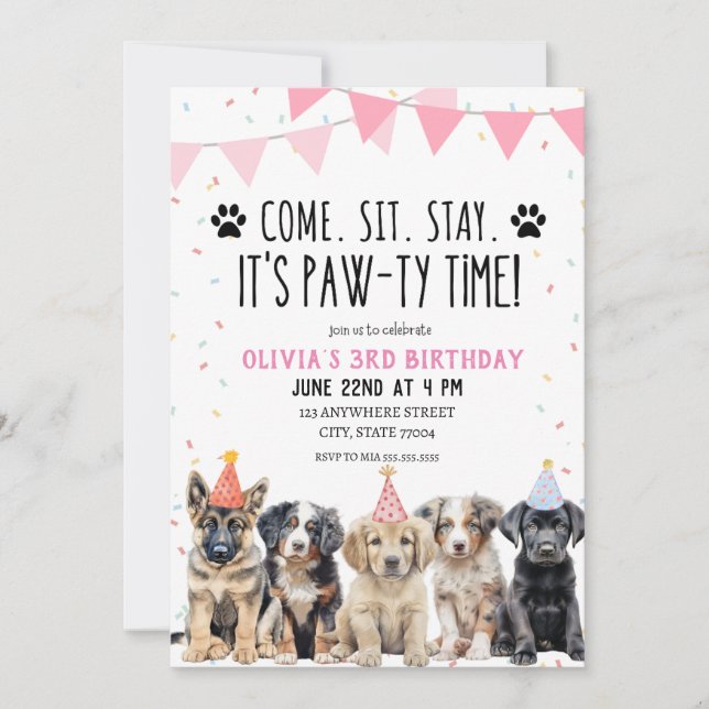 PUPPY BIRTHDAY INVITATION  GIRL LET'S PAWTY INVITE (Front)