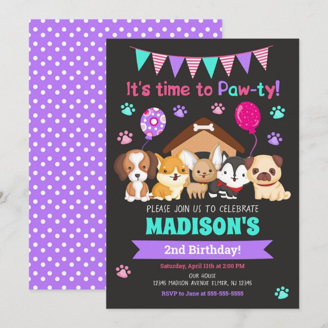 Puppy Birthday Invitation / Girl Paw-ty (Front/Back)