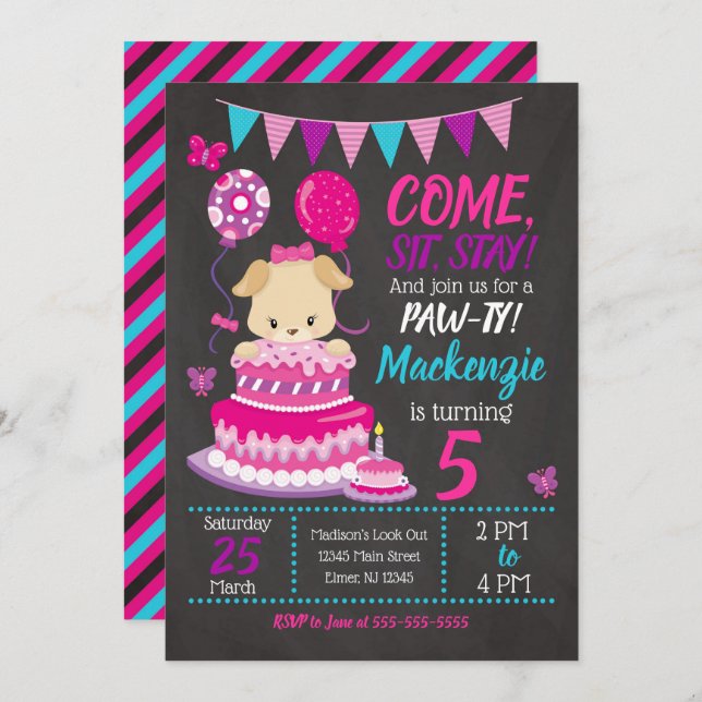 Puppy Birthday Invitation Girl Paw-ty Party (Front/Back)