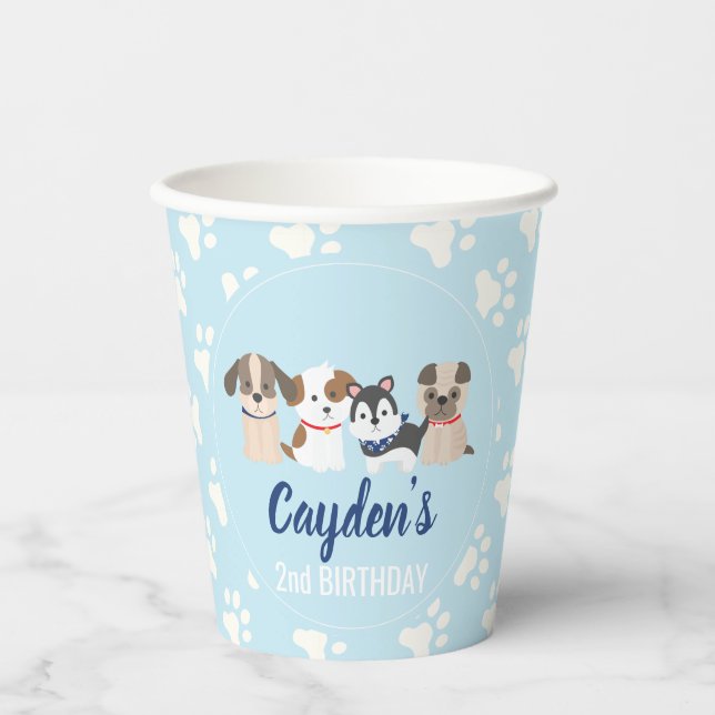 Puppy birthday party blue paw prints paper cups (Front)