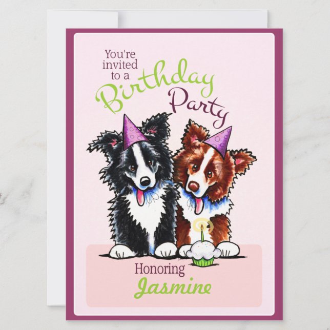 Puppy Birthday Party Border Collies Girl Purple Invitation (Front)