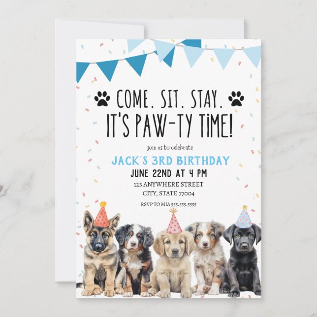 PUPPY BIRTHDAY PARTY INVITATION LET'S PAW-TY (Front)