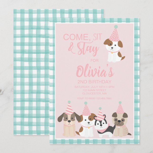 Puppy birthday party invitation Pink (Front/Back)