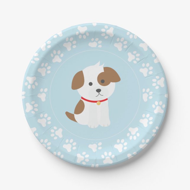 Puppy birthday party plates blue paw prints (Front)