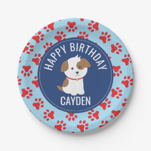 Puppy birthday party plates blue red paw prints