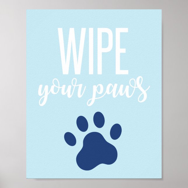 Puppy Birthday Party Sign Wipe your paws blue (Front)