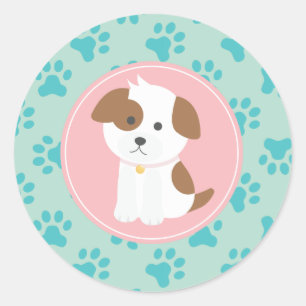 Puppy Birthday Party Sticker mint and pink